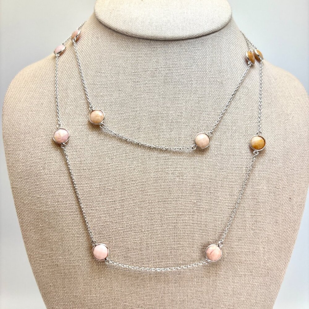 Faceted Rose Quartz Station Necklace VTG 925 Sterling Silver 18" Length